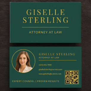 Carte De Visite Code QR de photo de l'avocat Green Gold