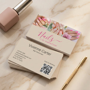 Carte De Visite Code QR de photo d'ongle de script rose fuchsia ch