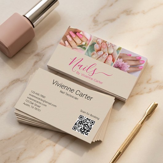 Carte De Visite Code QR de photo d'ongle de script rose fuchsia ch