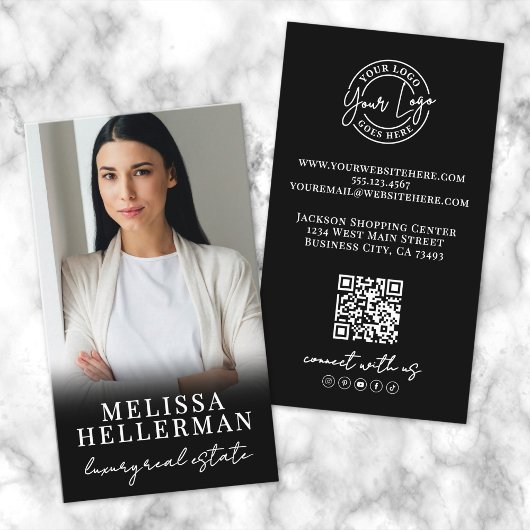 Carte De Visite Code QR de photo noire Logo de script Vertical