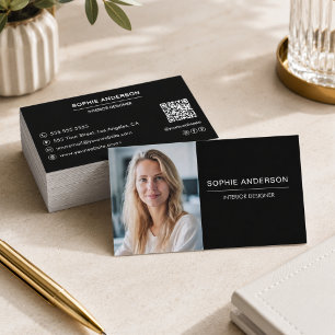 Carte De Visite Code QR de photo professionnelle noire moderne