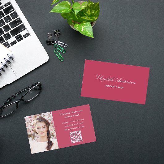 Carte De Visite Code qr de photo rose élégant