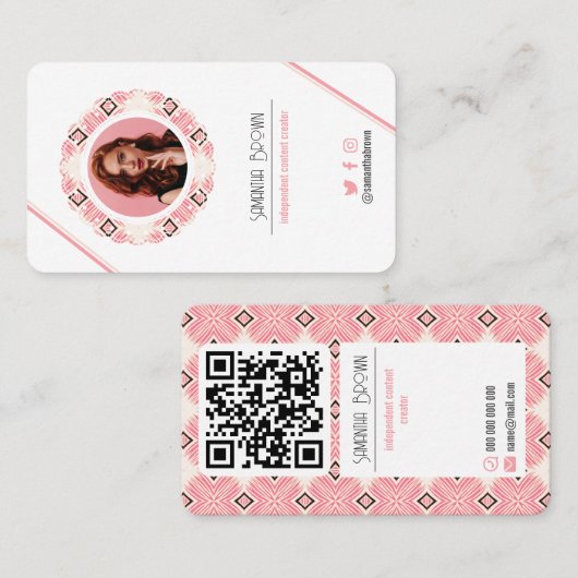 Carte De Visite Code QR de photo rose minimale avec motif (Devant / Derrière)