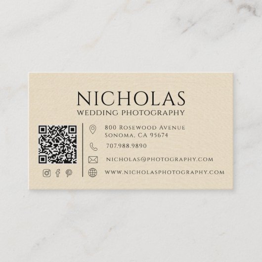 Carte De Visite Code QR de photographe de mariage en lin faux mode (Devant)