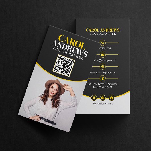 Carte De Visite Code QR de photographe professionnel noir et jaune