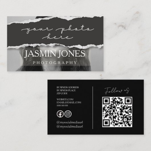 Carte De Visite Code QR de photographie moderne en noir (Devant / Derrière)