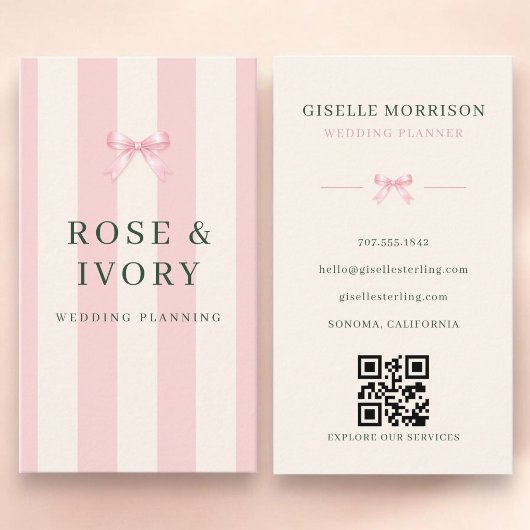 Carte De Visite Code QR de planificateur de mariage ruban rayé ros