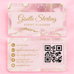 Carte De Visite Code QR de planificateur d'événement Luxe Rose Gol