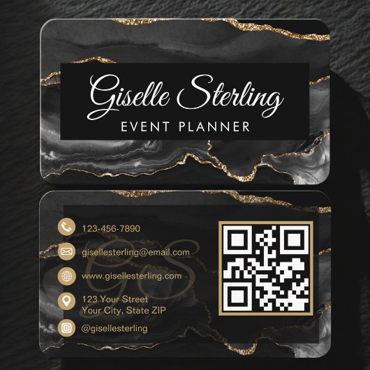 Carte De Visite Code QR de planificateur d'événements Noir Or