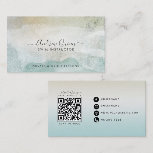 Carte De Visite Code QR de professeur de natation à l'aquarelle mo (Devant / Derrière)