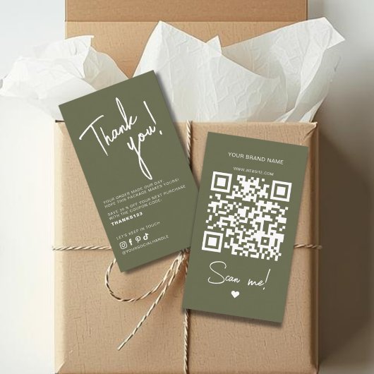 Carte De Visite Code QR de remerciement de commande en vert olive