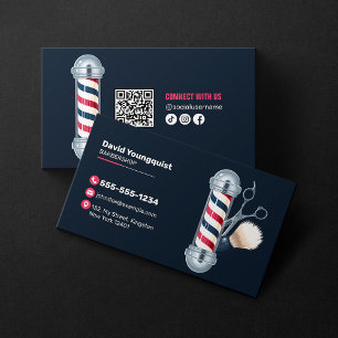 Carte De Visite Code QR de salon de coiffure moderne bleu pour bar