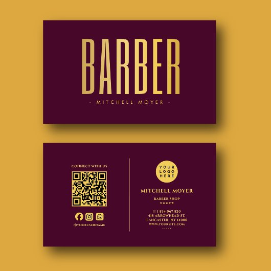 Carte De Visite Code QR de salon de coiffure moderne Logo Or Bourg