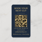 Carte De Visite Code QR de salon de coiffure Navy Blue Gold (Dos)