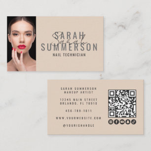 Carte De Visite Code QR de Salon de Manucure Beige Moderne Photo