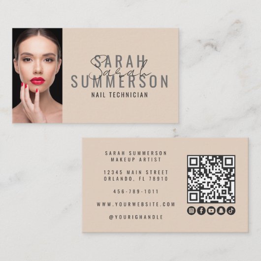 Carte De Visite Code QR de Salon de Manucure Beige Moderne Photo (Devant / Derrière)