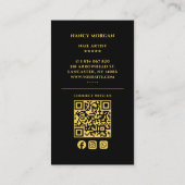 Carte De Visite Code QR de salon de manucure moderne noir et or (Dos)