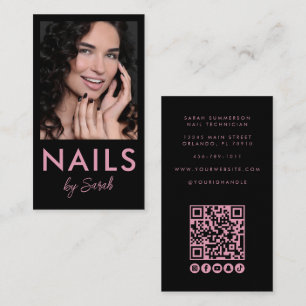 Carte De Visite Code QR de salon de manucure Photo Script Rose Noi