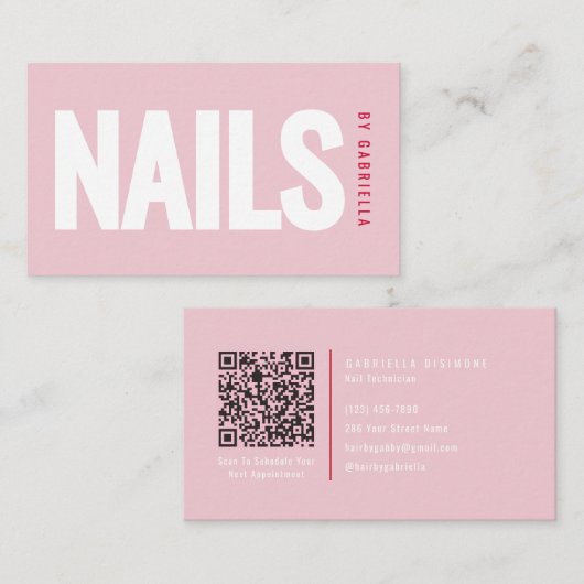 Carte De Visite Code QR de salon de manucure rose moderne (Devant / Derrière)