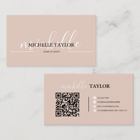 Carte De Visite Code QR de script calligraphique beige boho (Devant / Derrière)