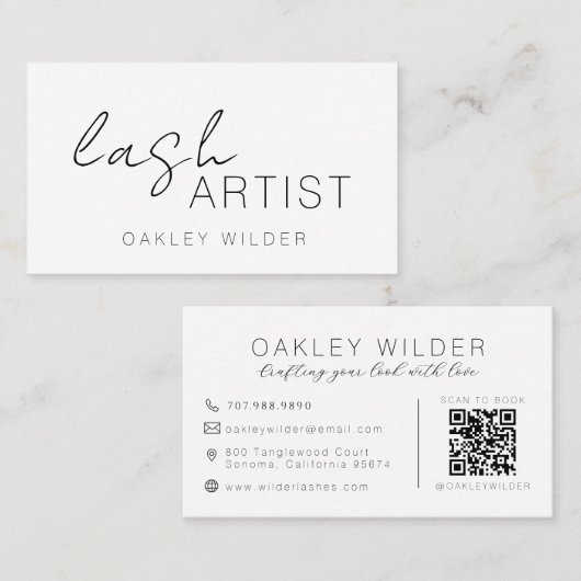 Carte De Visite Code QR de script d'artiste de cils moderne (Devant / Derrière)