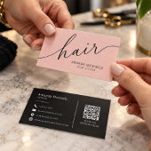 Carte De Visite Code QR de script de coiffeur rose pastel