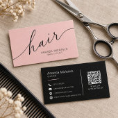 Carte De Visite Code QR de script de coiffeur rose pastel