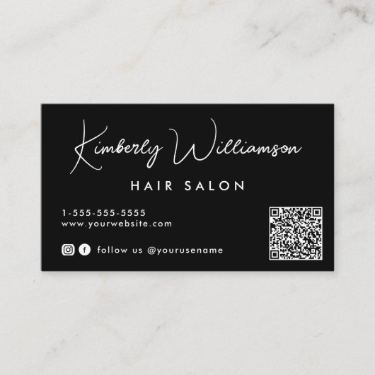 Carte De Visite Code QR de script de signature chic noir (Devant)