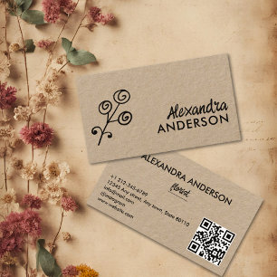 Carte De Visite Code QR de script Kraft floral minimal moderne