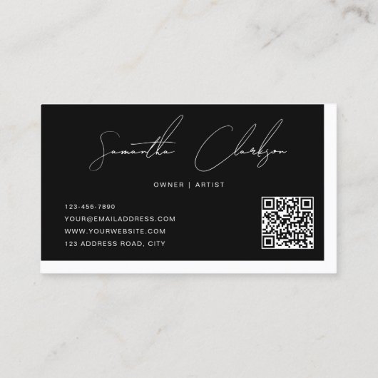 Carte De Visite Code QR de script manuscrit blanc et noir simple (Dos)