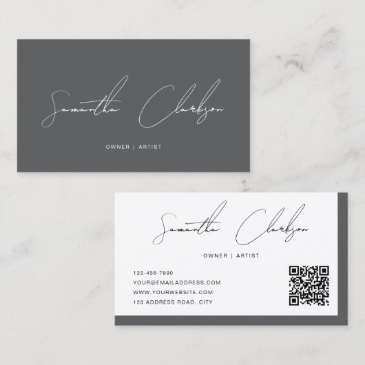 Carte De Visite Code QR de script manuscrit de luxe moderne gris f (Devant / Derrière)