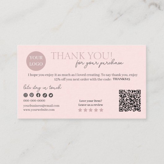 Carte De Visite Code QR de script moderne rose, Merci (Dos)