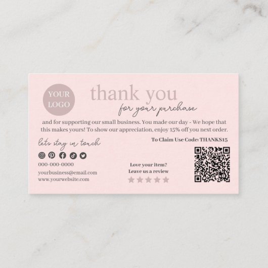 Carte De Visite Code QR de script moderne rose, Merci (Dos)