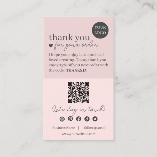 Carte De Visite Code QR de script moderne rose, Merci (Dos)