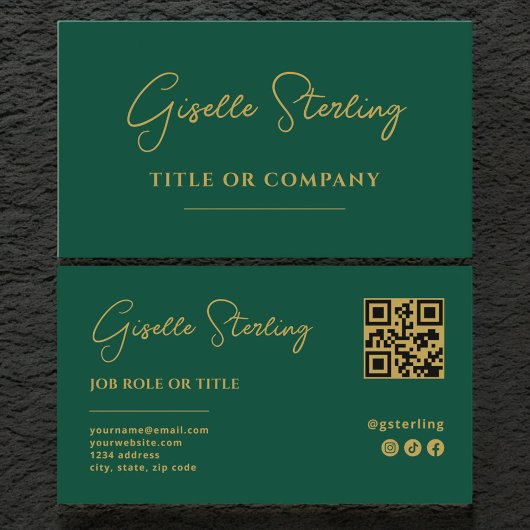Carte De Visite Code QR de script professionnel Emerald Green Gold