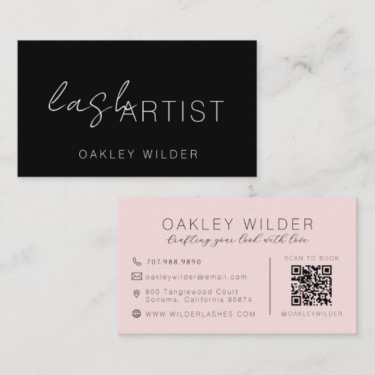 Carte De Visite Code QR de script rose blush noir d'artiste de cil (Devant / Derrière)