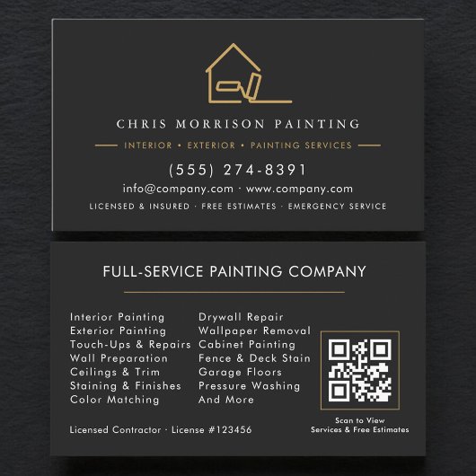 Carte De Visite Code QR de service de peinture moderne or et noir