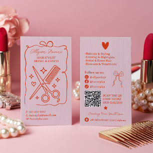 Carte De Visite Code QR de styliste capillaire à gribouillis rose 