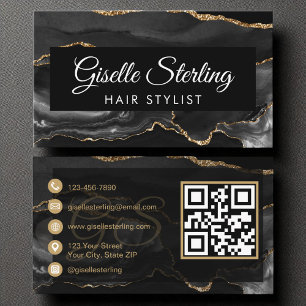 Carte De Visite Code QR de styliste capillaire Agate noir or Luxe
