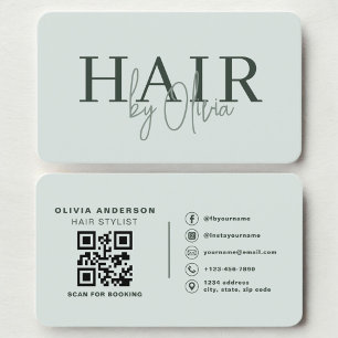 Carte De Visite Code QR de styliste de salon vert sauge moderne