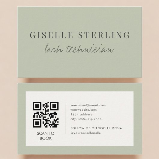 Carte De Visite Code QR de Technicien de Cils Vert Sauge