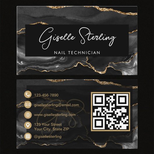 Carte De Visite Code QR de technicien en onglerie Or Noir