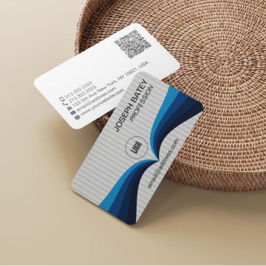 Carte De Visite Code QR de vague bleue élégant moderne professionn