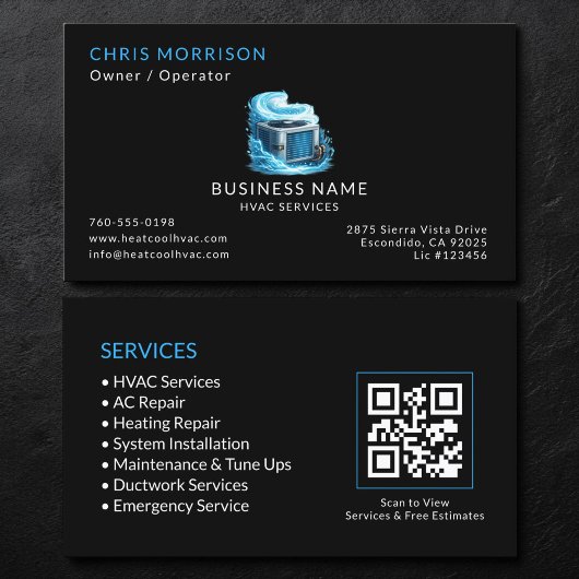 Carte De Visite Code QR des services de CVC noirs