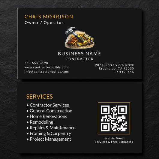 Carte De Visite Code QR des services de l'entrepreneur noir