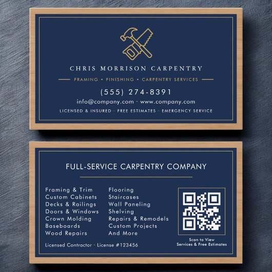 Carte De Visite Code QR des services de menuiserie professionnelle