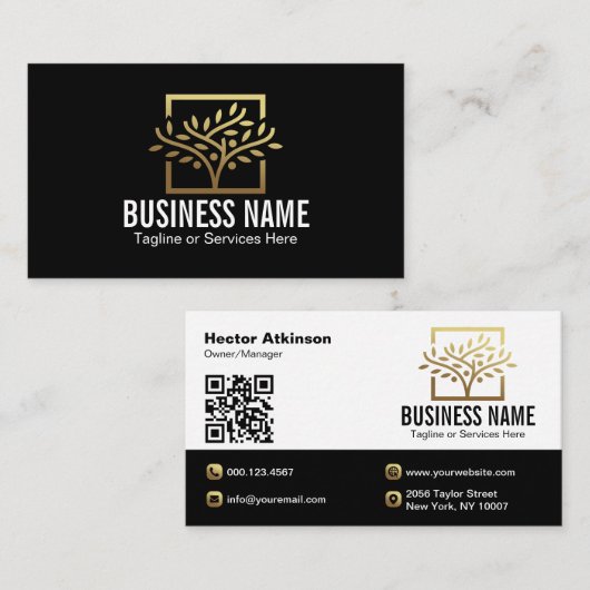 Carte De Visite Code QR des services de paysage d'arbre doré moder (Devant / Derrière)