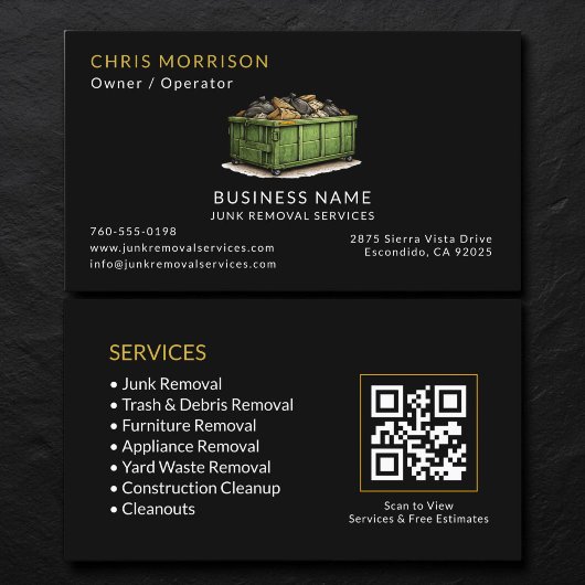 Carte De Visite Code QR des services de retrait des déchets noirs