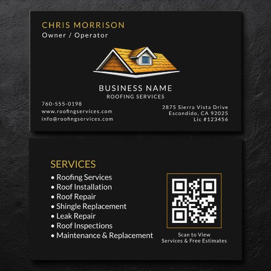 Carte De Visite Code QR des services de toiture Black Roofer