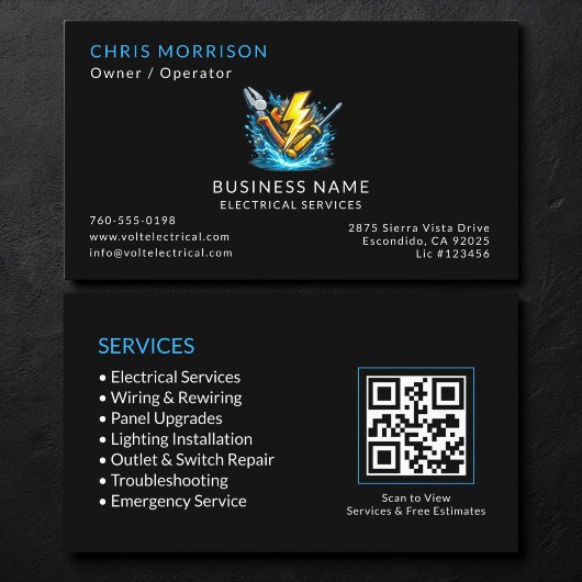 Carte De Visite Code QR des services d'électricien noir